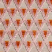 Coral pink looped-pile textile with repeating inverted triangle geometric pattern on a light beige background, Dedal fabrics.